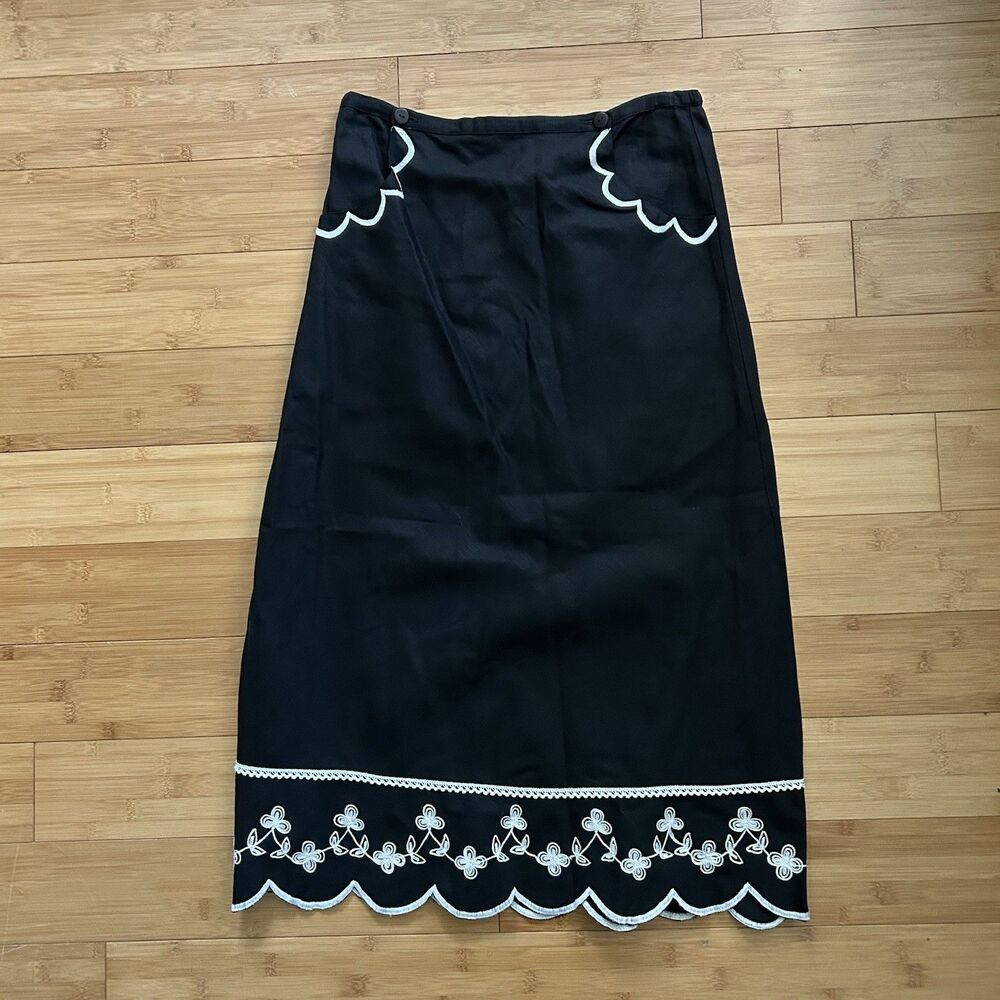Vtg‎ Putumayo Black Midi Skirt Small Linen Cotton Embroidered Hem Elastic Waist